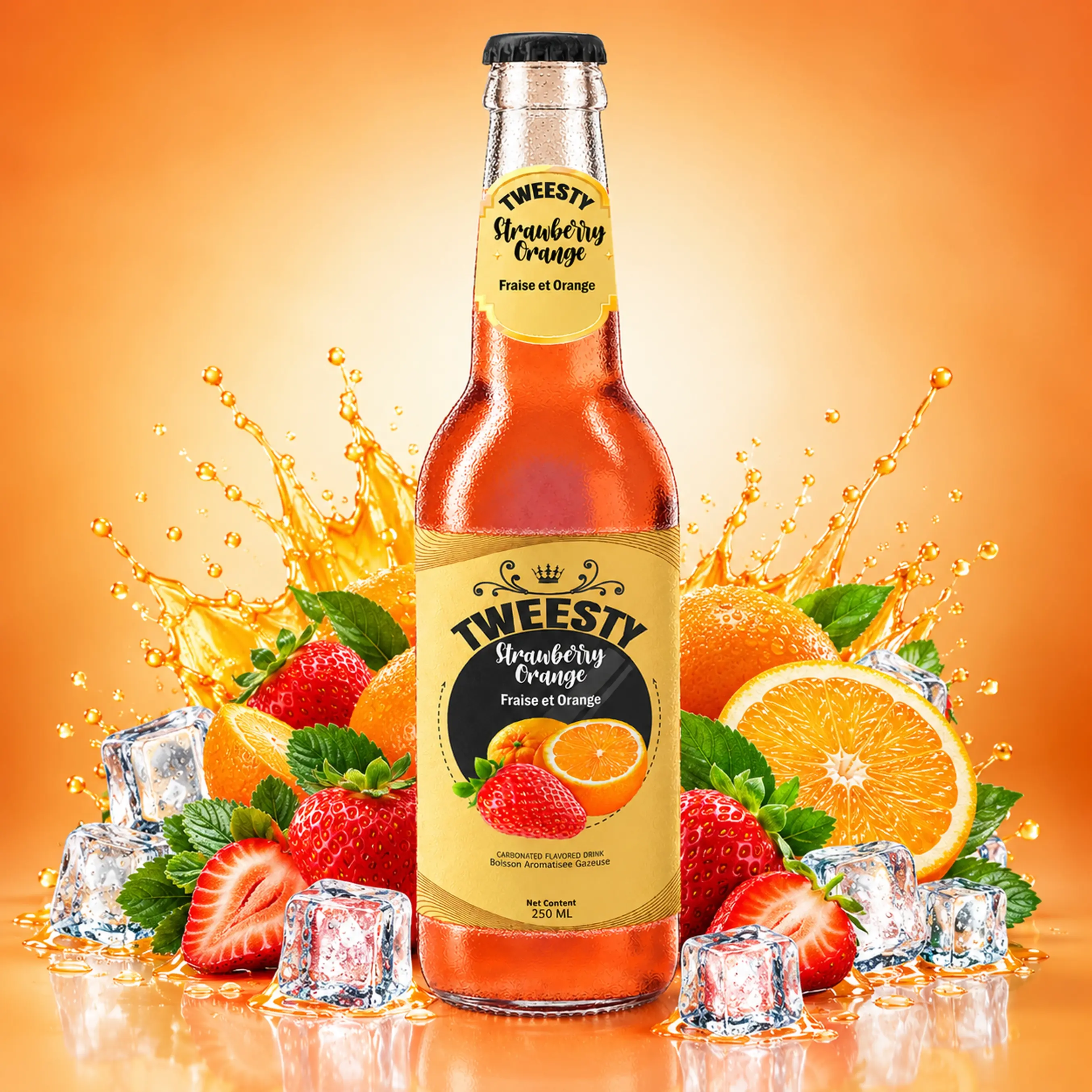 TWEESTY Strawberry Orange carbonated flavoured drink 250ml glass bottle with strawberries, oranges, ice and splash